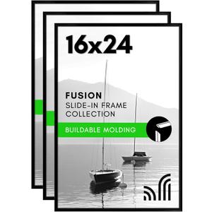 Americanflat 16x24 Poster Frame with Polished Front Cover - Set of 3 - Slide-In Photo Frame with Buildable Molding - Fusion Collection - Picture Frames for Wall Display - Black