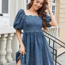 Denim Dress Babydoll Jean Square Neck Puff Sleeve Casual Country Concert Dresses with Pockets for Women 2026 (Blue, L)