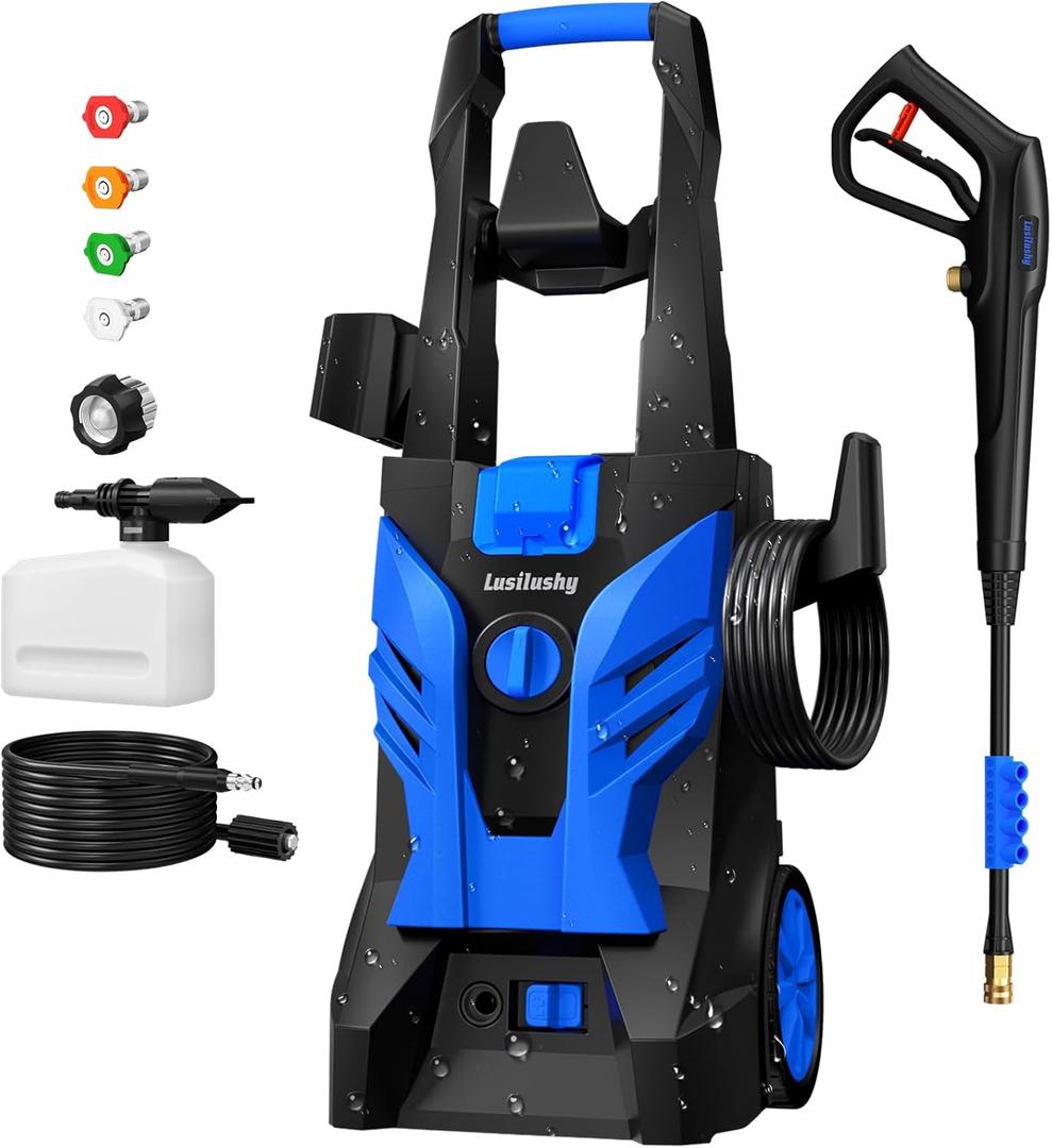 Electric Pressure Washer, Power Washer with Foam Cannon, Portable Pressure Cleaning Machine with 4 Different Nozzles for Cars, Driveways, Fences, Patios, Home Cleaning, 2.5 GPM
