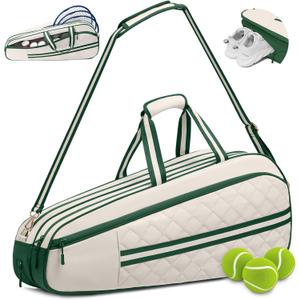 Sucipi Tennis Bag for Women & Men, 3-6 Rackets Tennis Racket Bag with Shoe Compartment & Insulated Pocket, Water-Resistant Gym Bag, Perfect Tennis Accessories for Court Training & Daily Use (Grass Green - Beige)