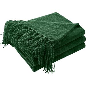 CozeCube Chenille Throw Blanket for Couch, Cozy Plush Fuzzy Decorative Christmas Green Blanket with Fringe Tassels, Lightweight Throws for Bed Sofa Gift Home Decor, 50"X60"