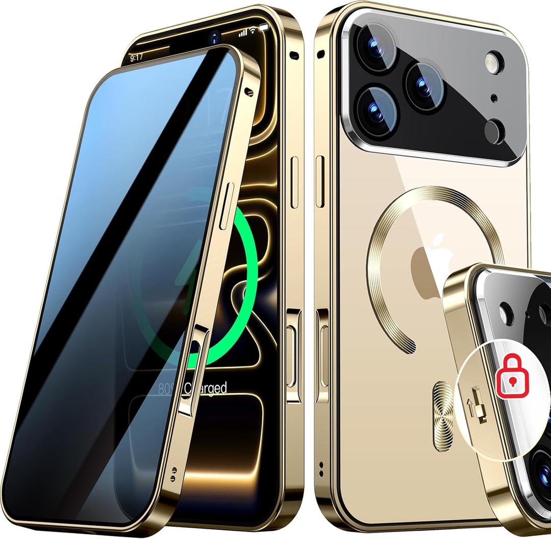 [Full Camera Protection& Mechanical Lock]Magnetic Privacy Case for iPhone 17 Pro Max[Compatible with MagSafe] [CD Metal Ring]Full Body Shockproof Metal Bumper, 9H Anti Peeping Glass Cover-Gold