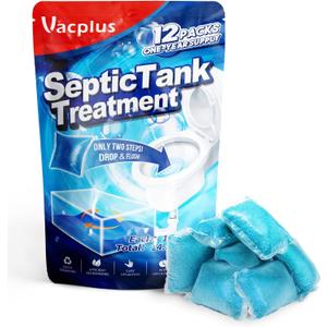 Vacplus Septic Tank Treatment 12 Pcs for 1-Year Supply, Dissolvable Packs with Easy Operation, Durable Biodegradable Enzymes for Wastes, Greases & Odors, Blue, 2X Efficiency
