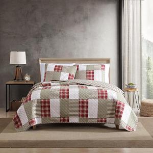 Eddie Bauer - Quilt Set, Reversible Cotton Bedding with Matching Shams, Luxurious Bedding Set (Camino Island Red, Queen)