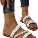 Verdusa Women's Pearls Braided Flat Sandals Open Toe Slip On Beach Slides (White)