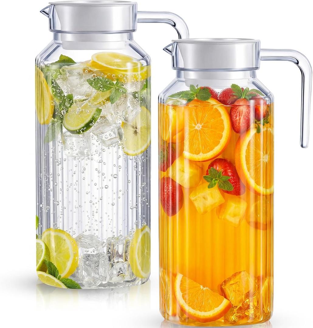 Panitay 2 Pcs 68 Ounces Plastic Pitcher with Lid Clear Acrylic Refrigerator Safe Pitcher Shatter Proof Juice Containers with Lids for Water Milk Sangria Lemonade Cold Drinks