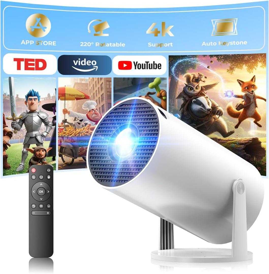 Mini Projector with WiFi and Bluetooth, Portable Projector Built-in Apps Support 4K 1080P Auto Keystone 220 Rotatable Small Projectors Compatible with HDMI/TV Stick/iPhone/Laptop for Bedroom Wall