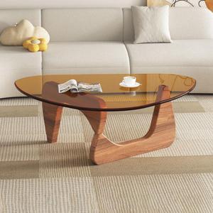 Mid-Century Modern Coffee Table - Triangle Glass Top Natural Wood Base Triangle Coffee Table for Living Room Patio Office Abstract End Tables (Large 45 * 32.3 * 15.7, Walnut/Brown)