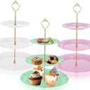 3 Pack 3 Tier Plastic Cupcake Stand, Dessert Cup Cake Holder Tower Reusable Tiered Serving Tray with Metal Rod Pastry Platter for Wedding, Birthday, Tea Party - White Green Pink