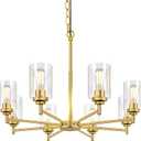 Sucolite 33.5'' 8-Light Chandelier for Dining Room Kitchen Island, Modern Farmhouse Pendant Lighting with Glass Shades Industrial Gold Hanging Ceiling Light Fixture for Living Room, Height Adjustable