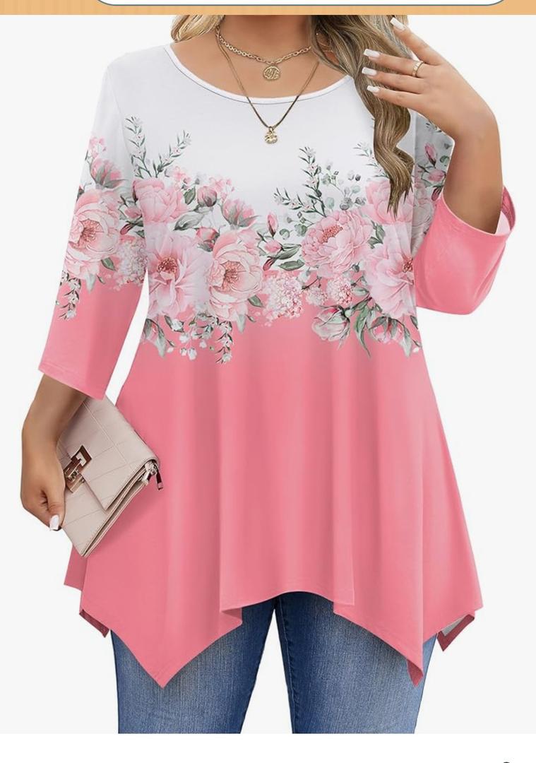 IN'VOLAND Plus Size Tops for Women 3/4 Sleeve Shirts Tunic Tops to Wear with Leggings Loose Fit Summer Fall Clothes, 3X, Pink Floral
