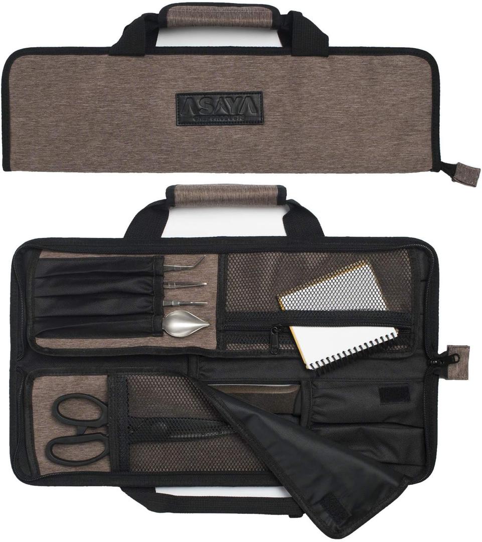 Asaya Chef Knife Roll Bag - 12 Pockets for Knives and Kitchen Utensils - Lightweight, Durable, and Stain Resistant Nylon - Perfect for the Traveling Chef - Knives not Included (Brown)