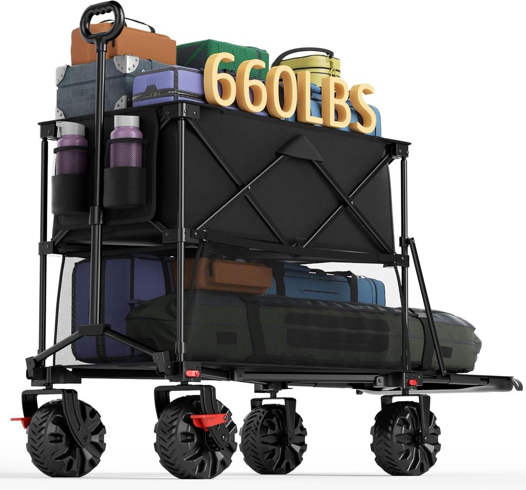 Portal Collapsible Large Double Decker Wagon with Brakes, 660lb Foldable Heavy Duty Utility Wagon Cart, 400L All-Terrain Big Wheels & 54" Extra Long Extender for Sports, Camping & Outdoor Use