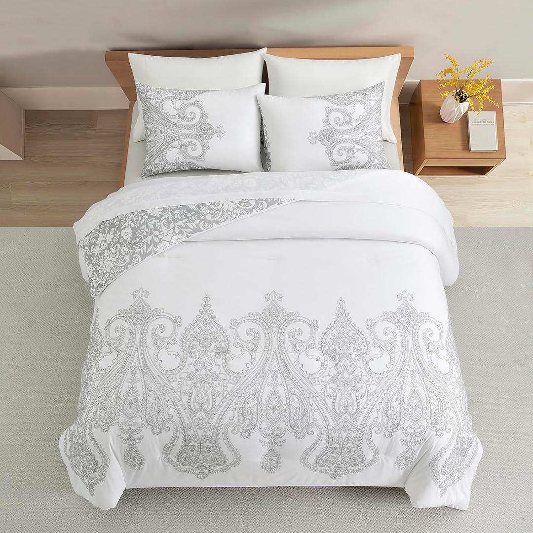 Sunshine Nicole Reversible Comforter Set, Brushed Microfiber Fabric with Embroidery for Front and Printed Microfiber Fabric for Reverse, 3 Pieces Grey White Queen