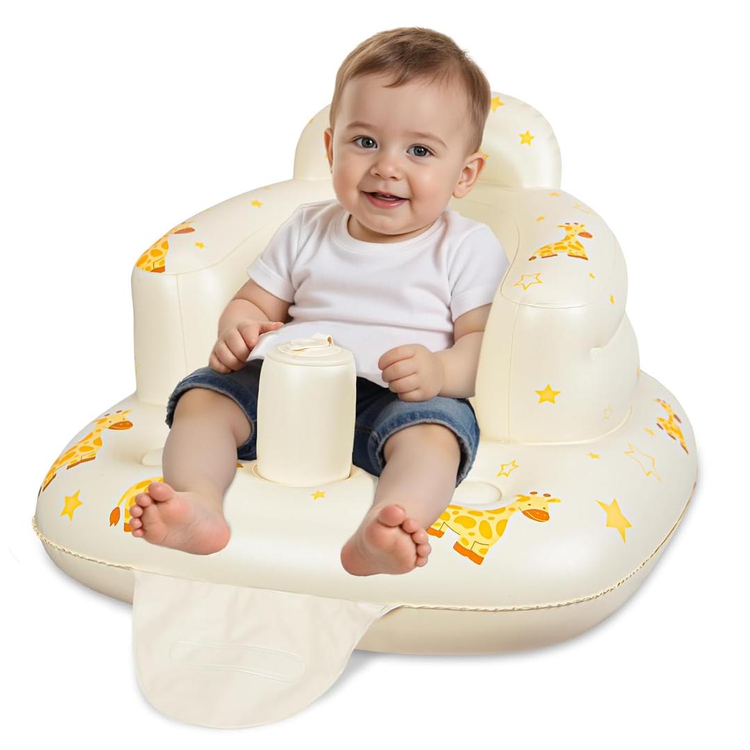 JOSEN Inflatable Seat for Babies 3 Months & Up, Baby Floor Seat Learn to Sit Up, Portable Infant Feeding Shower Chair, Blow Up Baby Chair with Built-in Air Pump - Giraffe