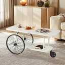 Topower Farmhouse Double Layer Iron Cart Center Table, Industrial Style Coffee Table with Wheels for Living Room, Bedroom, Coffee Shop, Antique White