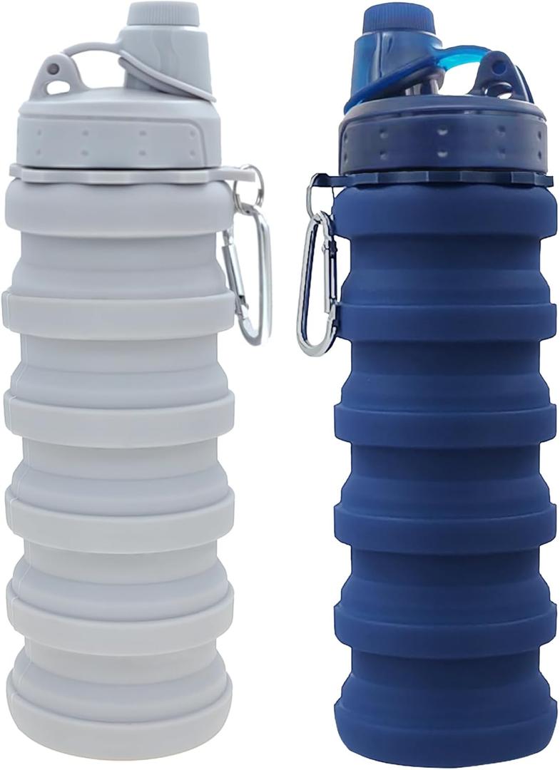 Collapsible Water Bottles Travel water bottle Sports Portable Sport Water Bottle Reusable Water Bottles comes with mountaineering Buckle 500ml silicone Water-proof camping water bottle (Light grey+Dark blue)