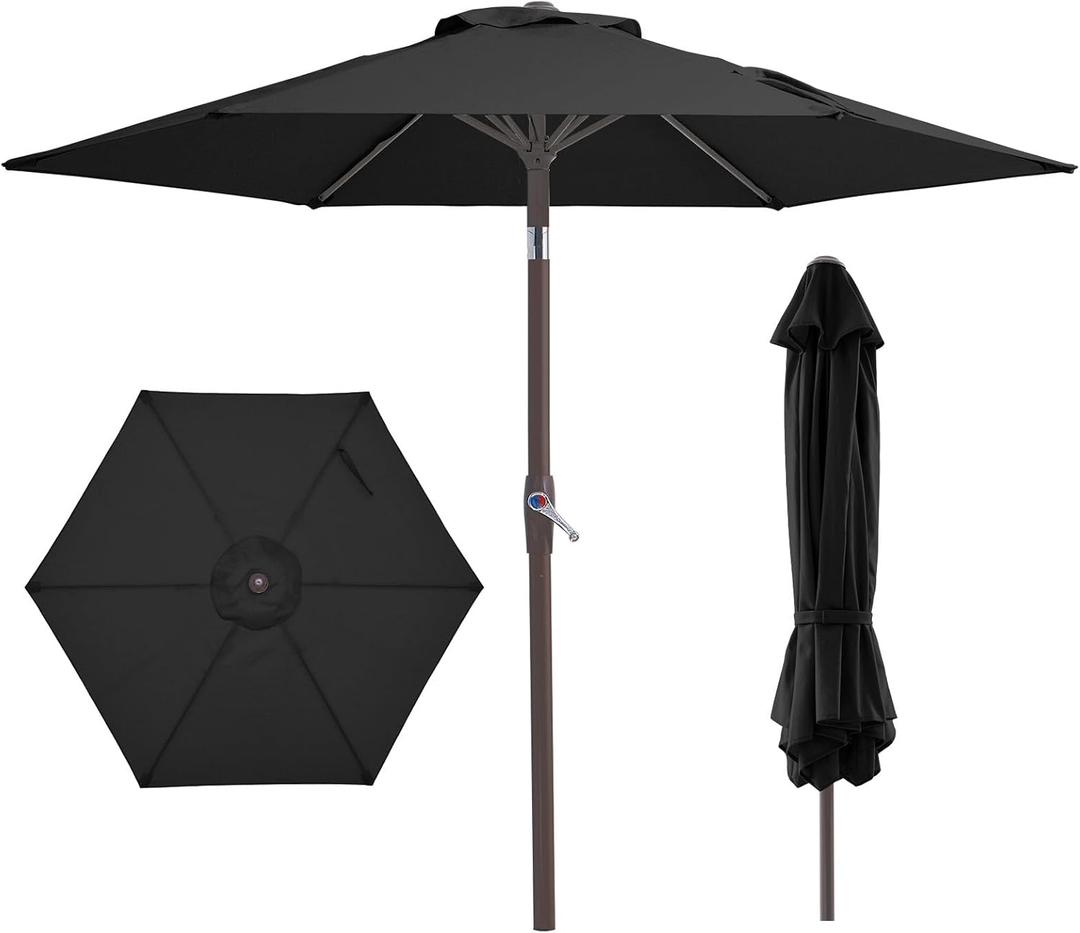 JEAREY 7.5FT Patio Umbrella Market Table Umbrella with 6 Sturdy Ribs, Push Button Tilt/Crank Outdoor Umbrella for Garden, Deck, Backyard,Dark Black