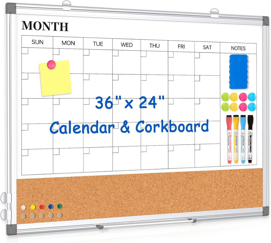 Monthly Calendar Whiteboard Dry Erase Cork Board Combo for Wall, 36" x 24" Magnetic Double-Sided Calendar White Board and Bulletin Board, Portable Board for Office, Kitchen, School, Home (White Calendar)