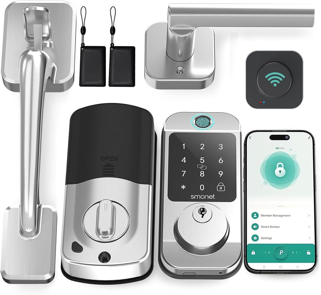 Keyless Entry Door Lock Deadbolt with Handle Set - SMONET Fingerprint WiFi Smart Deadbolt, Digital Remote Control Keypad Bluetooth Alexa Lockset with Auto Lock Code Fob App Silver