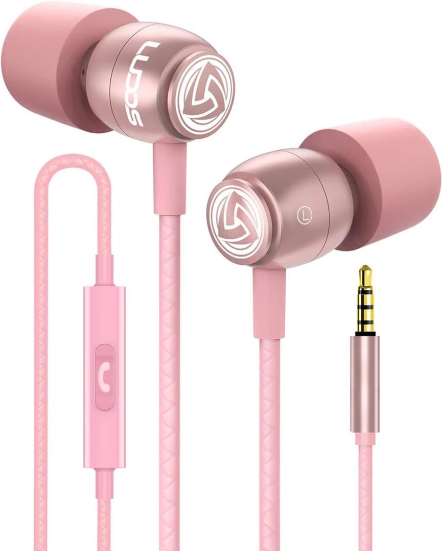 LUDOS Clamor Wired Earbuds in-Ear Headphones, Earphones with Microphone, Noise Isolating Ear Buds, Memory Foam for iPhone, Samsung, School Students, Kids, Women, Small Ears - Pink