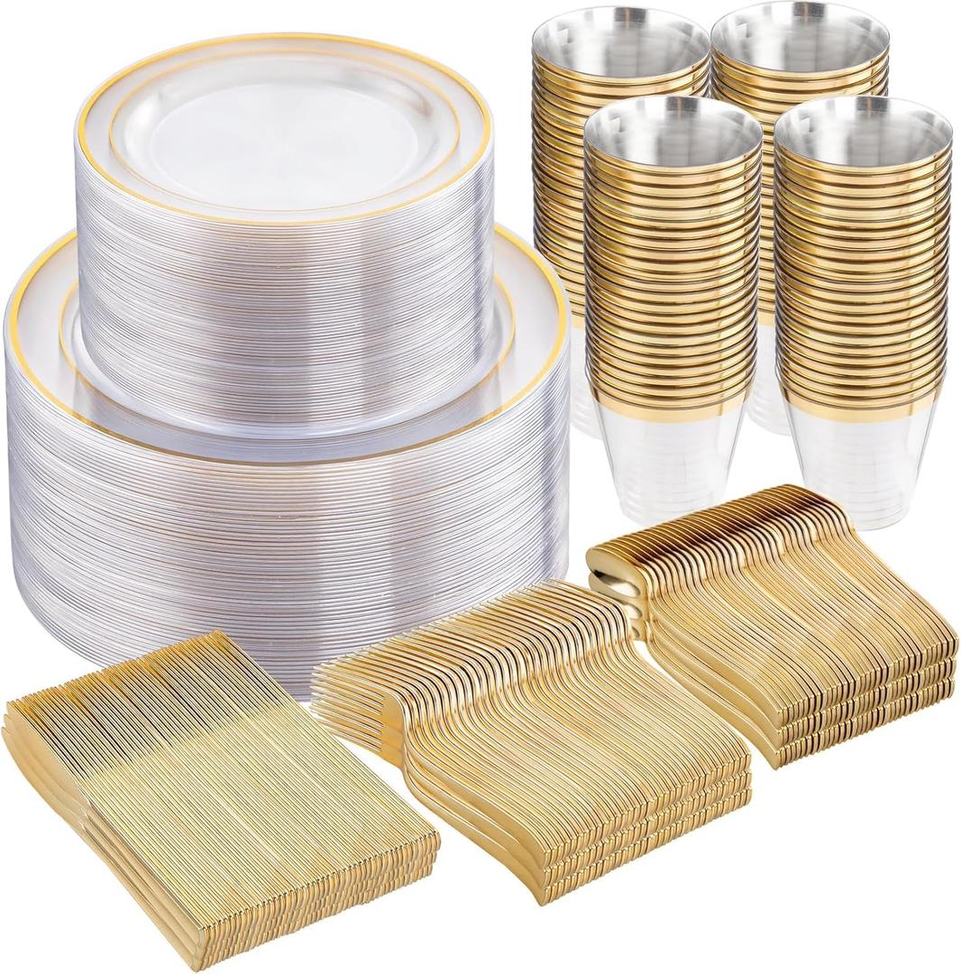WELLIFE 600pc Gold Trim Plastic Dinnerware Set for Party: 100 Dinner Plates, 100 Dessert Plates, 300 Cutlery, 100 cups