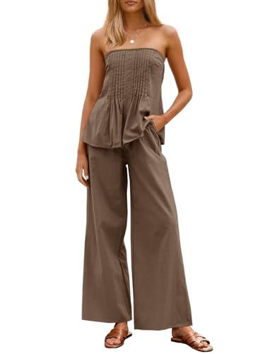 Tankaneo Womens 2 Piece Outfits Summer Strapless Tube Tops Wide Leg Pants Cotton Vacation Pleated Matching Lounge Set, Size M