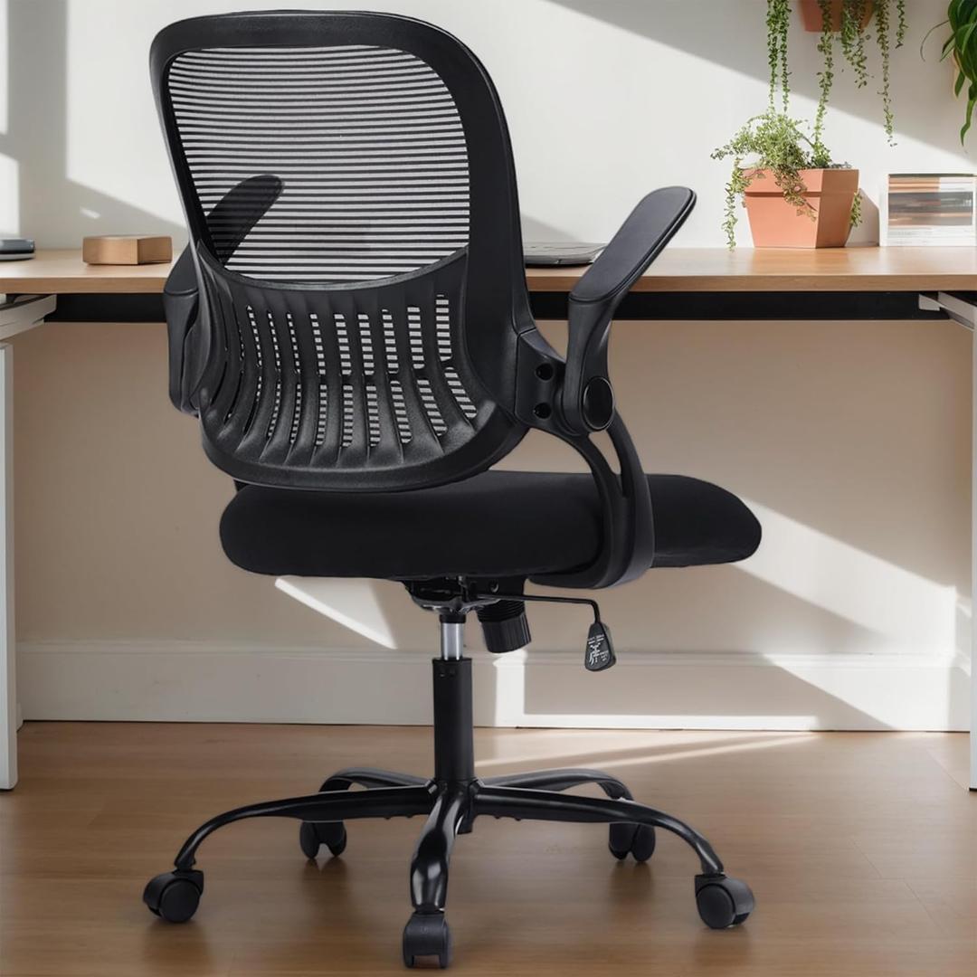Office Ergonomic Desk Chair, Mesh Comfy Computer Work Chair with Flip-up Armrests and Adjustable Lumbar Support, Rolling Swivel Executive Task Chair for Home Office, Adults and Teens (Black)