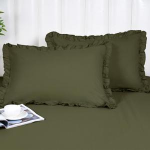 PHF 100% Washed Cotton Ruffle Pillowcases Standard Size, 2 Pack 20" X 26" Pillow Shams, No Insert, Ultra Soft Cotton Pillow Cases,Decorative Farmhouse Bedding Pillow Covers, Olive Green