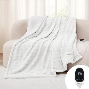 Bwarm Electric Blanket Bubble Thick Flannel Heated Blanket Heated Throw Fast Heating with 6 Heating Levels 3 Hours Auto-Off (White)