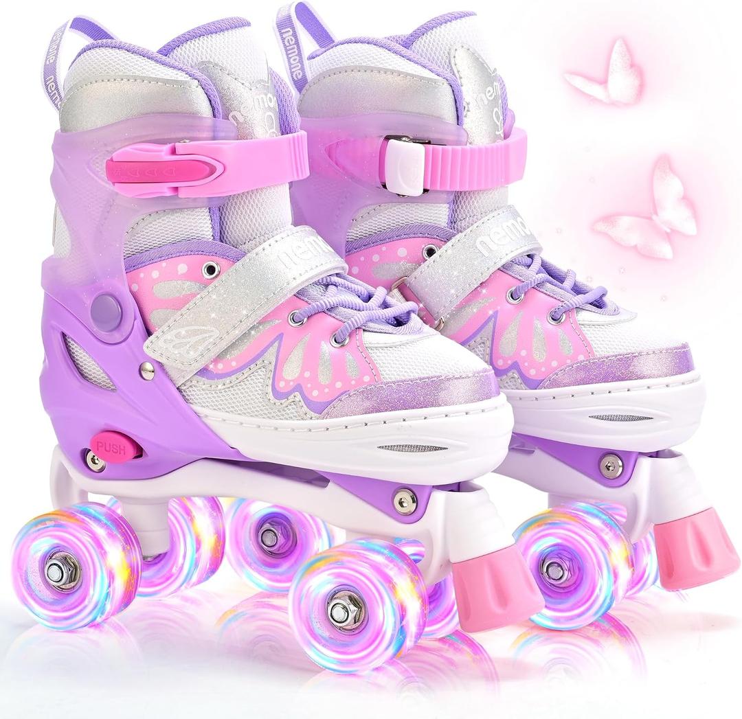 NEMONE Mermaid 4 Size Adjustable Light up Roller Skates for Girls, Purple Blue Skates for Toddlers, Beginner Kids Butterfly Roller Skates Indoor Outdoor