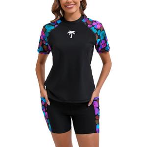 Halcurt Women's Two Piece Rash Guard Swim Shirts Built in Bra Swimsuit with Boyshorts with Pockets (X-Large, Black Blue Dotted)