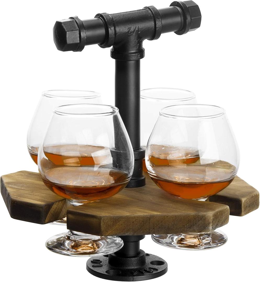 Industrial Rustic Beer & Whiskey Flight Set Burnt Wood Tray with Matte Black Metal Handle & 4 Snifter Glasses - Portable Tasting Serving Caddy for Home Bars, Tasting Events, Craft Beer Enthusiasts
