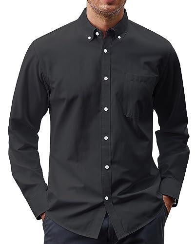 J.VER Mens Cotton Oxford Shirts Long Sleeve Button Collar Shirt Solid Regular Fit Dress Shirts with Pocket Blakc 5X-Large