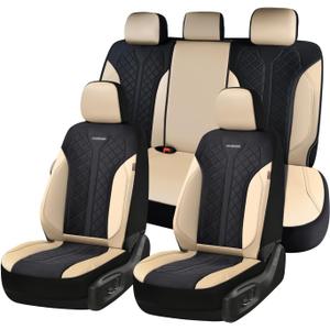 Coverado Seat Covers Full Set, Beige Car Seat Covers, PU Leather & Breathable Mesh Seat Protectors, 5-Piece Automotive Seat Covers, Universal Fit for SUVs, Trucks, Sedans