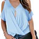 LEIYEE Womens Summer Cold Shoulder Tops Short Sleeve Front Twist Knot V Neck T Shirts Draped Blouses (Blue, XL)