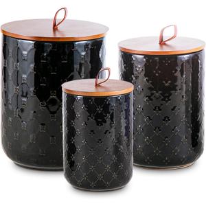 Ceramic Canisters Set with Airtight Lids, 82/48/30 oz Coffee Canisters Sets for the Kitchen, Black Large Jars for Flour, Sugar, Pasta, Coffee, Cookies, Tea - Set of 3, Embossed Pattern
