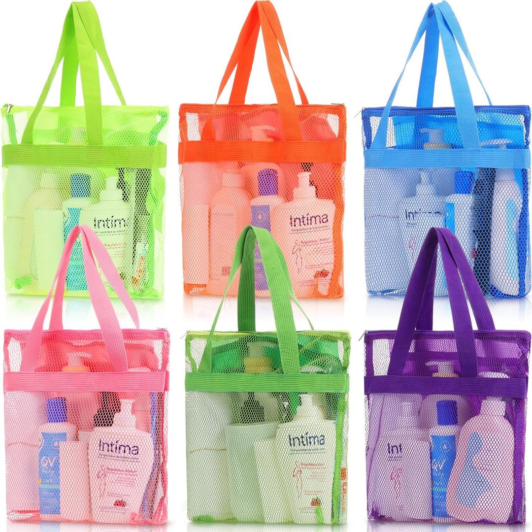 6 Pcs Mesh Shower Caddy Bags Portable Mesh Beach Bags Bulk with Zipper & 2 Pockets Hanging Toiletry and Bath Organizer for Gym Swimming Travel Camping College Dorms Beach (Fluorescent Color)