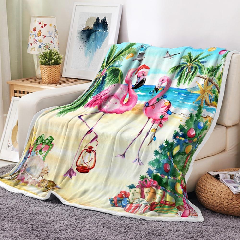 Christmas Flamingo Throw Blankets, Pink Tropical Beach Funny Xmas Hat New Year Holiday Cozy Warm Bed Couch Blanket, Winter White Fleece Flannel Throws to Decorate The Room and Bedroom (50X60)