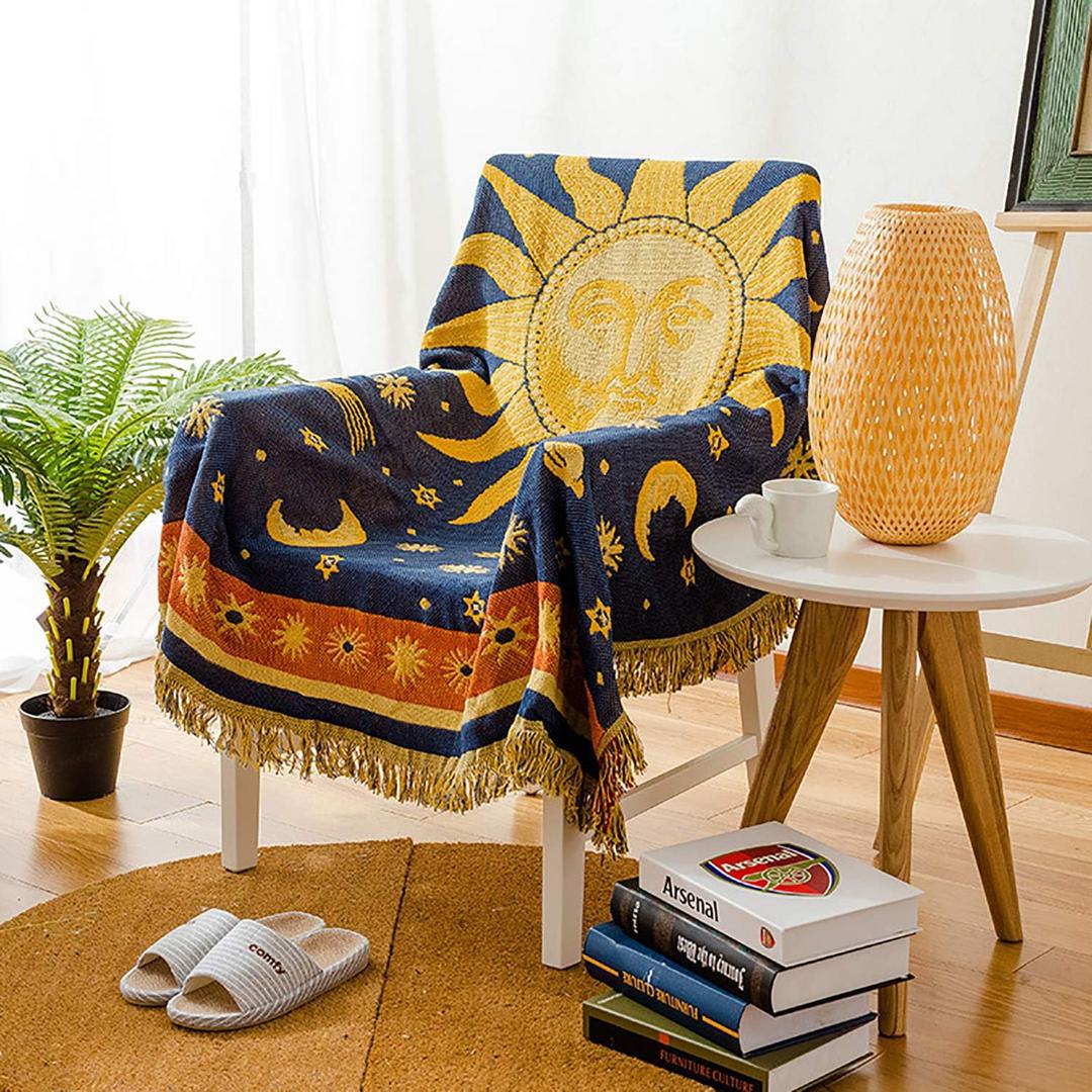 Sun And Moon Stars Hippie Throw Blanket Celestial Tapestry Double-sided Reversible Woven Cotton Home Decor Bedding Chair Couch Recliner Cover Loveseat Rug Oversized Tassels Blue Yellow (71x51)