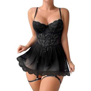 Lilosy Sexy Garter Belt Mesh Lace Babydoll Lingerie Dress Set with Thong (Small, Black)