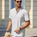 COOFANDY Men's Casual Henley Shirt Short Sleeve Summer Beach Band Collar Shirt Hippie Henley T-Shirts with Pocket (L)