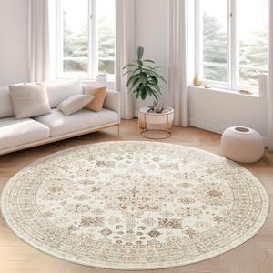 zesthome Washable Round Area Rugs - Non-Slip 6ft Round Rugs, Ultra-Thin Large Circle Rugs for Living Room, Soft Low Pile Rug for Bedroom, Kitchen, Nursery - Vintage Round Rug(Cream/Beige,6'x6')
