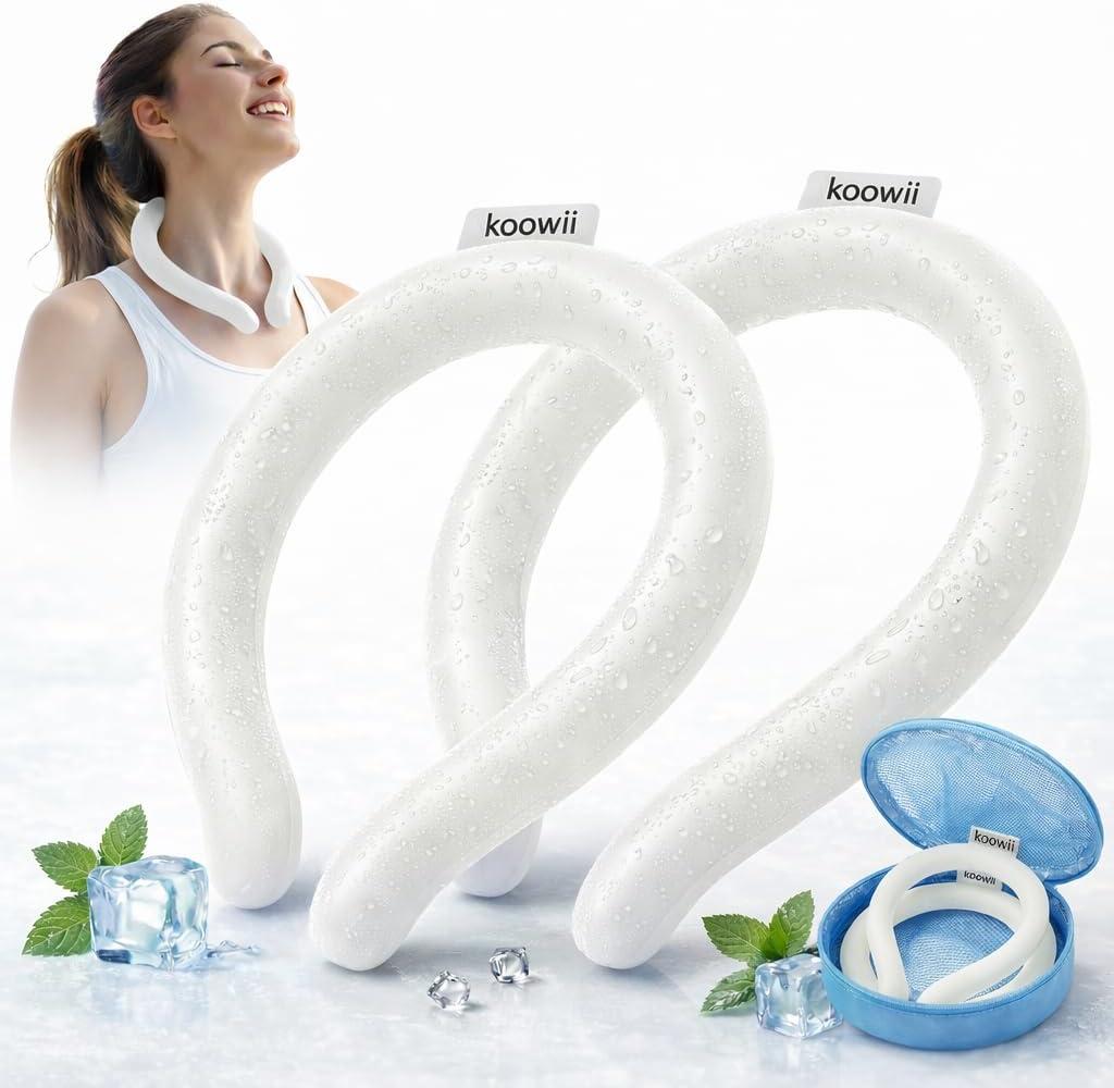 Neck Cooling Tube 2 Pack, Reusable PCM Ice Ring with Insulated Bag, Wearable Cooling Collar, No Battery, Freezes Below 64F, for Outdoor Work, Sports, Travel & Hot Flashes White
