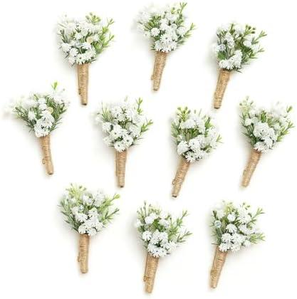 Ling's Moment Boutonniere for Men, 10pcs Groomsmen Guest Boutonniere, Artificial Flowers for Wedding Décor/Prom/Homecoming,etc.Baby Breath White