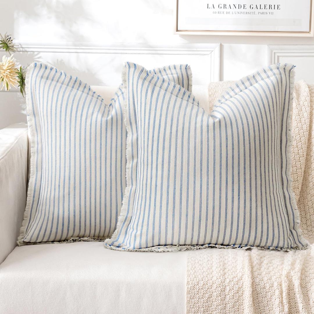 MIULEE Pack of 2 Light Blue Pillow Covers 18x18 Inch Striped Farmhouse Couch Spring Throw Pillow Covers with Fringe Chic Cotton Decorative Cushion Covers for Sofa Living Room Bed Outdoor Home Decor