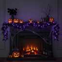 Halloween Black Garland with Purple Lights, 6.56 ft Lighted Cedar Pine Needle Artificial Garland with LED Faux Realistic Hanging Vine Twigs for Halloween Mantle Banister Fireplace Decor