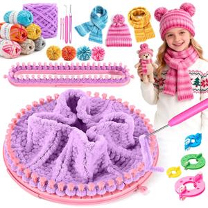 Knitting Loom Kit with Storage Bag, 2 Looms, Yarn, Pom Pom Maker & Crochet Hook, Beginner-Friendly Complete DIY Blanket Scarf Shawl, Christmas Birthday Gifts for Craft Lovers & Beginner, Pink