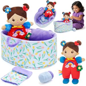 OUOZZZ 10" Soft Baby Doll Gift Set - First Baby Doll Accessories Plush Rag Sleeping Cuddle Buddy Doll Toy Brown Skin Mini Doll Set for Kids Girls Boys