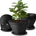 RooTrimmer 8 Inch Plastic Plant Pots with Saucers 8 Pack, Flower Pots with Drainage Holes, Sturdy Planter Pots for Indoor Outdoor, Modern Decorative Gardening Pots for Planting House Plants, Black